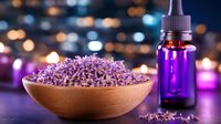 Dried lavender flowers in wooden bowl with essential oil bottle against blurred candlelight background creating relaxing spa atmosphere. Purple aromatherapy concept.