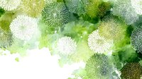 Abstract dandelion seed heads on green watercolor background with white space for text, creating fresh spring or summer mood.