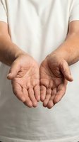 Senior man with open palms extended forward in giving or receiving gesture, wearing casual white shirt on neutral background for healthcare concepts.
