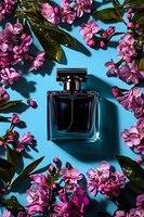 Elegant perfume bottle surrounded by pink cherry blossoms on vibrant blue background. Creative flat lay composition for luxury cosmetic advertising.