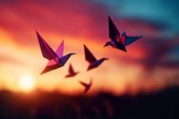 Origami paper cranes flying against dramatic sunset sky with vibrant orange and teal colors creating magical silhouettes in twilight atmosphere.