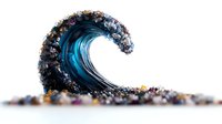 Artistic wave formation made from colorful glitter and sparkles against white background, curling into ocean-like shape in vibrant blue and metallic tones.