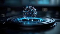 Glowing blue digital sphere with connected nodes floating above circular waves, representing global network connectivity and data transmission on dark background.