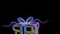 Neon gift box with glowing ribbon on black background for holiday celebrations and festive occasions.