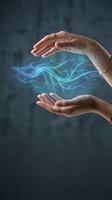 Female hands protecting glowing blue energy waves symbolizing innovation, technology protection, digital transformation and futuristic business concepts.