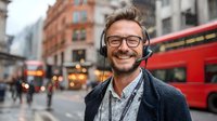 Cheerful young man with headphones smiling on urban street with red double-decker bus in background, capturing joyful city lifestyle in London.