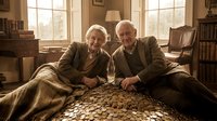 Elderly Caucasian couple sitting together with a large pile of coins, symbolizing retirement savings, financial security, and wealth management.
