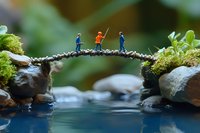 Miniature figures of fishermen standing on moss-covered branch bridge over water, creating whimsical outdoor diorama scene.