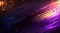 Diagonal light streaks with glowing particles in purple, orange and blue colors create dynamic motion effect against dark background for abstract designs.