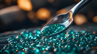 Shiny turquoise hydrogel beads on dark background with water drops and metal spoon. Macro photography of transparent polymer balls with bokeh light effect.