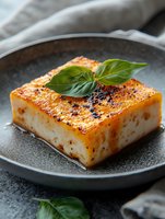 Grilled sea bass fillet with caramelized spicy glaze and fresh basil garnish on dark ceramic plate, close-up view showing moist, flaky texture and golden-brown crust.