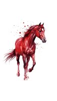 Red watercolor horse galloping with flowing mane and paint splatters on white background, isolated for design use in apparel and decorative projects.