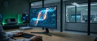 Modern laboratory workstation with DNA helix visualization on computer monitor for genetic research and biotechnology analysis in scientific facility.
