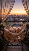 Orange tabby cat sleeping peacefully in macrame hammock on urban balcony at golden hour sunset with city skyline view and flowing curtains creating cozy atmosphere.