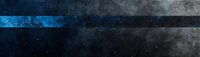Dark cosmic panoramic background with blue glowing stripe across black and gray textured surface, stars scattered in deep space atmosphere.