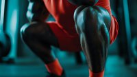 Athletic Black male in red sportswear performing squat exercise at gym with dramatic teal lighting. Focus on muscular legs during intense workout session.