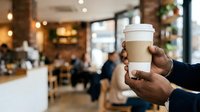 Close-up of hand holding takeaway coffee cup in busy cafe environment with blurred customers and warm interior lighting, suitable for hospitality and beverage marketing.