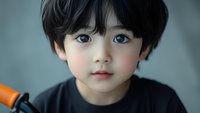 Portrait of young Asian child with bright blue eyes and black hair wearing dark shirt, looking directly at camera with innocent expression against blurred background.