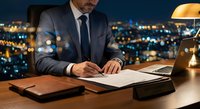 Professional businessman working late at office desk with laptop and documents against city lights background at night.