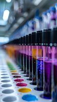 Colorful laboratory test tubes and vials in rack showing various chemical solutions for scientific research and analysis. Perfect for medical, pharmaceutical or biotechnology concepts.