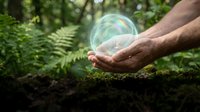 Male hands gently holding glowing transparent sphere in lush green forest setting with ferns and natural lighting for environmental concepts.