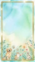 Watercolor frame with golden border featuring dog, cat, and rabbit among spring flowers and foliage on soft blue-green gradient background. Isolated design ready for invitations, greeting cards, posters, and stationery projects.