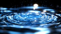 Luminous water drop creating concentric ripples on dark blue liquid surface with moonlight reflection, capturing moment of impact in macro photography.
