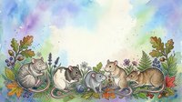 Watercolor woodland animals border with rabbits, squirrels and mice among autumn leaves and berries on colorful background for nursery decor and children designs.