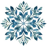 Watercolor snowflake mandala in shades of blue and teal with delicate floral elements and symmetrical pattern on white background, ready for winter designs.