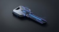 Futuristic sci-fi energy weapon with glowing blue accents and sleek metallic design on dark background for gaming and entertainment concepts.