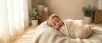 Peaceful newborn baby girl sleeping wrapped in cream knitted blanket with floral headband in soft natural light nursery setting for maternity photography.
