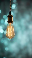 Vintage Edison bulb hanging from brass socket with glowing filament against soft blue bokeh background for modern interior design and lighting concepts.