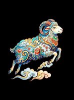 Ornamental ram with intricate floral patterns in blue, gold, and coral tones, isolated on transparent background. Ready for t-shirts, stickers, clipart, sublimation, and print-on-demand designs.