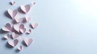 Pink paper hearts scattered on light background creating soft romantic composition with gentle shadows, minimal Valentine design for greeting cards.