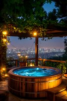 Wooden hot tub on terrace with string lights and panoramic city view at twilight, illuminated water glowing blue against night skyline backdrop and vine-covered pergola.