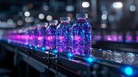 Glowing water bottles on production line with neon purple and blue illumination against dark background, creating futuristic industrial atmosphere.