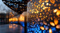 Decorative glass jar with intricate pattern casting magical orange and blue light shadows, creating atmospheric mood lighting effect for romantic ambiance.