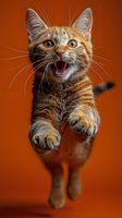 Playful ginger cat jumping with open mouth and extended paws against orange background, showing excitement and energy in dynamic action pose.