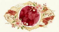 Elegant vintage floral frame with deep red watercolor circle center, ornate gold decorative elements and delicate pink flowers for wedding invitations and romantic designs.