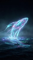 Mystical glowing whale breaching from ocean waters with ethereal light trails and cosmic energy effects under starry night sky with silhouetted boat below.