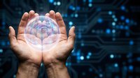 Hands holding glowing digital brain with neural network connections on dark technology background representing artificial intelligence and innovation.