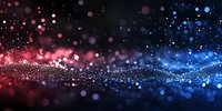 Abstract digital wave with glowing particles and bokeh lights in red and blue gradient colors on dark background for technology presentations.