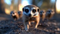 Curious meerkat close-up portrait with blurred group in background, looking directly at camera with characteristic alert expression and distinctive facial features.