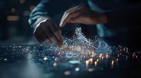 Futuristic digital network visualization with human hands interacting with glowing city data points and connections in dark blue atmosphere with light particles.