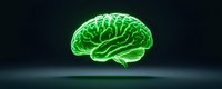 Glowing green neon brain floating on dark background, side view anatomical illustration showing neural activity and consciousness concept for neuroscience and psychology.