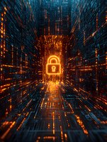 Glowing padlock symbol in digital matrix tunnel with orange and blue light effects, binary code streams and cyber security concept visualization for tech background.