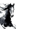 Dynamic black and white watercolor-style horse with flowing mane, capturing motion and strength in minimalist artistic technique. Perfect for equestrian designs.