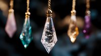 Elegant crystal pendant necklaces with geometric diamond-shaped charms hanging on golden chains against dark blurred background for luxury jewelry design.