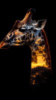 Artistic double exposure of giraffe silhouette blending with golden sunset through African savanna trees, creating dramatic wildlife portrait on black background.
