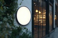 Illuminated round signboard on cafe exterior wall with green plants and glass storefront at dusk.